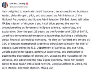 Трамп назначает Джареда Айзекмана новым главой NASA